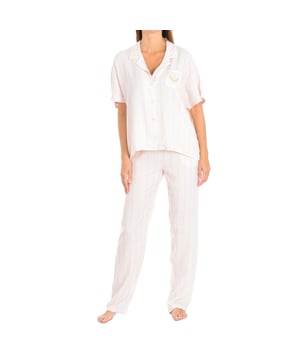 Pijama de manga corta.
Color Rosa
Cuello de solapa.
Cierre de botones en el frontal.
Pantalón largo con cinturilla elástica.
Tejido cómodo y transpirable.
Costuras vistas a tono.

Composición:  98% Viscosa, 2% Sim

Lavar a temperatura máx. 30º.
- No usar lejía.
- No usar secadora.
- No planchar.
- No lavar en seco.