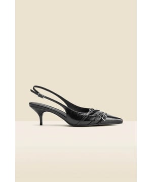 Introducing your AM to PM go-to shoesTimeless slingback style with a sleek pointed toeSet on a comfy-chic kitten heel Elevated with a statement buckle strap detail Adjustable strap for the perfect fit Dress them down with denim, up with