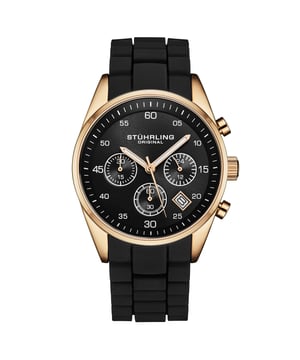 Men's Quartz Chrono, Rose Case Black Dial, Luminous Rose Hands. Black Silicone Strap Watch