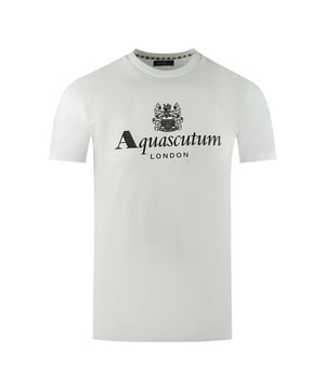 Aquascutum London Aldis Brand Logo White T-Shirt. Feel confident and stylish with the Aquascutum Bold Aldis Logo White T-Shirt. Made from comfortable materials, this T-Shirt is emblazoned with Aquascutum's Aldis logo and features a classic crew neck and short sleeves. Step out with style and class!. Aquascutum Branded Logo White tee, Crew Neck, Short Sleeves. 100% Cotton, Regular Fit. Fits True To Size. Style Code: TS002 01