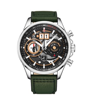 Herren-Quarzuhr, silbernes Gehäuse, Chronograph, Großdatum, schwarzes Skelett-Zifferblatt, grünes Lederarmband
