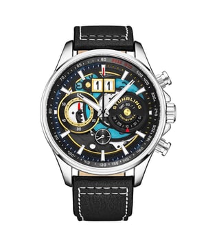 Quarzuhr für Herren, silbernes Gehäuse, Chronograph, Großdatum, schwarzes und blaues skelettiertes Zifferblatt, schwarzes Lederband