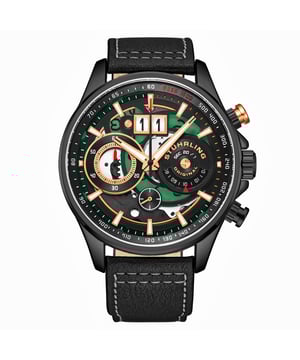 Herren Quarzuhr, schwarzes PVD-Stahlgehäuse, Chronograph, Großdatum, schwarzes und grünes skelettiertes Zifferblatt, schwarzes Lederarmband