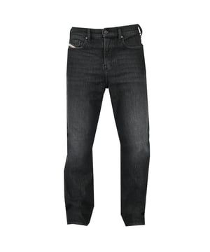 Diesel Black Jeans, normale Taille, schmal zulaufendes Bein, Knopfleiste, 94 % Baumwolle, 5 % Polyester, 1 % Elastan, genahtes Abzeichen, schwarzer Denim