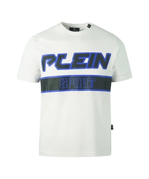 Plein Sport Blue Block White T-Shirt. Philipp Plein Sport White Tee. Stretch Fit 95% Cotton, 5% Elastane. Made In Italy. Plein Branded Logo. Style Code: TIPS105IT 01