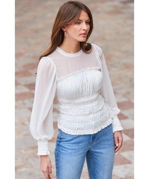 We predict compliments
Stylish - and super-comfy - shirred bodice
Stunning sheer neckline and blouson sleeves
Frill trims amplify the romance
Take jeans and a nice top to new levels
Add sparkly earrings for maximum impact