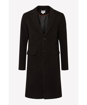 This smart men's black coat is made from wool and features a buttoned collar. It is an outerwear piece with a 3 button overcoat design, perfect for keeping you warm and stylish during the colder months.