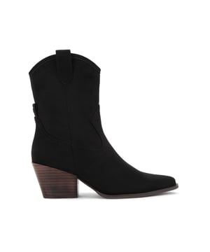 The KG Kurt Geiger Tyree is a black microsuede western style ankle boot. There is stitching details across the upper and a branded pull tab on the back. Heel height: 6cm.