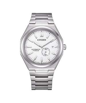 This Citizen  Analogue Watch for Men is the perfect timepiece to wear or to gift. It's Silver 41 mm Round case combined with the comfortable Silver Titanium watch band will ensure you enjoy this stunning timepiece without any compromise. Operated by a high quality Automatic movement and water resistant to 10 bars, your watch will keep ticking. This watch has an automatic watch movement ( recharged by any movement with your wrist; never needs a battery)  This Analogue watch has a calendar function: Date , Luminous Hands and Luminous Numbers High quality 21 cm length and 23 mm width Silver Titanium strap with a Fold over with push button clasp Case diameter: 41 mm,case thickness: 11 mm, case colour: Silver and dial colour: Silver
