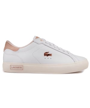 Lacoste's Powercourt Women's Trainer Is A Fashion Icon With Retro Appeal. This White Pair Features A Metallic Croc Branding, Dusty Pink Details, Canvas Lining And A Padded Ortholite Insole For Extra Comfort. A Great Addition To Your All-season Wardrobe.