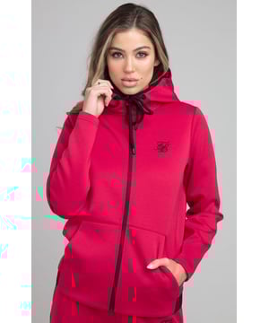 inchSikSilk Exhibit Athlete Track Jacket  PinkTonal embossed branded taping at hemCF contrast black zipDraw cord hoodEmbroidered logoMachine wash94% Polyester 6% ElastaneThe model is 5ft 7in and wears a size XSmall inch