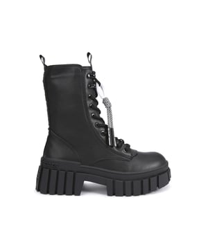 The Tegan Lace Up boot features a KG Kurt Geiger logo printed on ribbed textile with print stitch detailing can be seen at the tongue as well as a rubber monocle on the tongue.