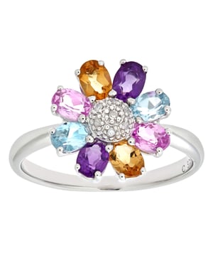 9K (375) witgoud: 3,7 gram; # Diamant: 0,03 ct; # Citrien, Amethist, Blauwe Topaas en Gemaakt van Roze Saffier: 1,35 ct