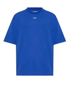 Camiseta blanca con logo OFF Stamp Skate Fit Dunkelblaues. Camiseta Off-White-azul. Logotipo del sello OFF en color blanquecino. Rundhalsausschnitt, kurze armel. 100 % Baumwolle, hergestellt en Portugal. OMAA120F23JER0016901