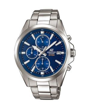 This Casio Edifice Chronograph Watch for Men is the perfect timepiece to wear or to gift. It's Silver 42 mm Round case combined with the comfortable Silver Stainless steel watch band will ensure you enjoy this stunning timepiece without any compromise. Operated by a high quality Quartz movement and water resistant to 10 bars, your watch will keep ticking. Sporty and latest design perfect for all men who enjoy sports! -The watch has a calendar function: Date, Stop Watch, 24-hour Display, Luminous Hands, Luminous Numbers High quality 21 cm length and  20 mm width Silver Stainless steel strap with a Fold over with push button clasp Case diameter: 42 mm,case thickness: 12 mm, case colour: Silver and dial colour: Blue