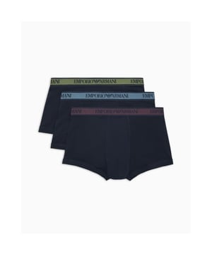 Mens Emporio Armani 3 Pack of Boxers in navy.- Branded elasticated waistband.- 3-piece set.- Stretch cotton comfort fabric.- 95% Cotton  5% Elastane.- XS = 27-29in- S = 30-32in- M = 32-34in- L = 34-36in- XL = 37-39in- XXL = 39-41inWe regret that underwear is non-returnable due to hygiene reasons.  - Ref: 11135771770435