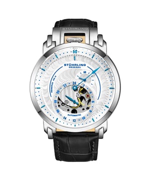 Semi-Skelett Herrenuhr, silbernes Gehäuse, silbernes Zifferblatt, schwarzes Lederarmband