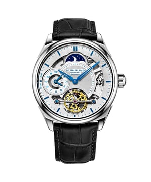 Skelettierte Herrenuhr, silbernes Gehäuse, silbernes Zifferblatt, schwarzes Lederarmband