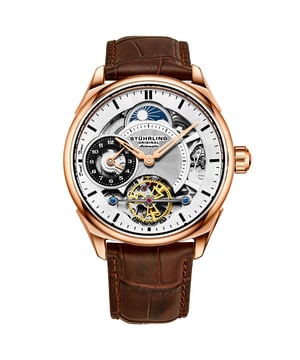 Skelettierte Herrenuhr mit rosafarbenem Gehäuse, silbernem Zifferblatt und braunem Lederarmband