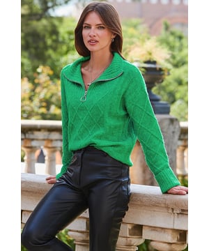 This season's 'It' knit
On-trend half-zip collar
Chunky cable knit to keep you warm
Relaxed fit for comfort and style
Mood-boosting bright green knit
Style with jeans or half-tuck into leather trousers
