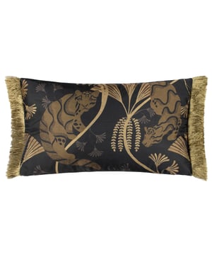 Create some theatre on your home furnishings with these amazing Moondusk cushions. As dusk sets over the desert, two tigers prowl amongst the jungle vines looking for their supper. The design is luxuriously Jacquard woven onto a dark, moody contrast background which further adds to the drama. This opulent cushion is surrounded by a lavish tassel trim and also has a zip fastening. Ideal to show off on your living room sofa, or perhaps in a conservatory.