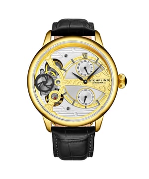 Herren Quarz+Mechanik, goldfarbenes Gehäuse, silbernes Zifferblatt, schwarze Zeiger, schwarze Markierungen, schwarzes Lederarmband