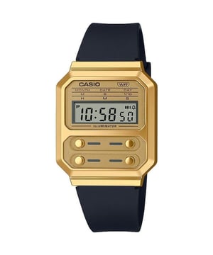 This Casio Casio Collection Vintage Digital Watch for Unisex is the perfect timepiece to wear or to gift. It's Gold  Rectangular case combined with the comfortable Black Plastic watch band will ensure you enjoy this stunning timepiece without any compromise. Operated by a high quality Quartz movement and water resistant to 3 bars, your watch will keep ticking. This trendy Digital watch is a perfect gift for New Year, birthday,valentine's day and so on -The watch has a calendar function: Day-Date, Stop Watch, Alarm and Light High quality 21 cm length and 20 mm width Black Plastic strap with a Buckle Case measurement: 32X 40 mm,case thickness: 9 mm, case colour: Gold and dial colour: Gold