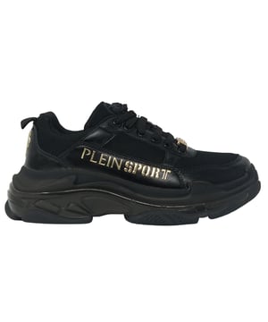Plein Sport Gold Branded Logo Black Sneakers. Take your look to the next level with these Plein Sport Gold Branded Logo Black Sneakers. Featuring a chunky black shoe with a 100% textile upper and rubber sole, these sneakers are sure to turn heads. Plus, the all-over branding adds a touch of designer flair to any outfit! Wow!. Black Chunky Shoe. Rubber Sole, 100% Textile Upper. All-Over Branding. Style Code: DIPS1001 99