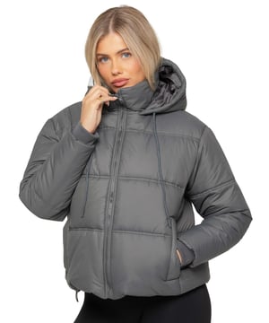 Stay warm and stylish with this Hooded Puffer Jacket. Designed with a high neck, long sleeves, and ribbed trims, it offers both comfort and protection from the elements. The jacket features a  zip-up front for a sleek look. Front welt pockets provide practical storage, while the ribbed hem and elasticated hood with an adjustable drawstring ensure a secure fit. The hem also includes an adjustable toggle for added flexibility.