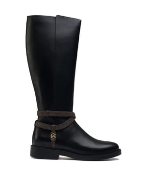 Strut In Style Into The Spotlight With These Eye-catching Abigail Knee-high Boots From Michael Kors. Crafted From Supple Black Leather, With Signature Gold Mk Hardware, These Knee-high Boots Merge Fashion And Function. The Flat Rubber Sole Offers All-day Comfort, While The Buckled Strap Adds Visual Interest. This Designer Staple Promises Effortless Chic.