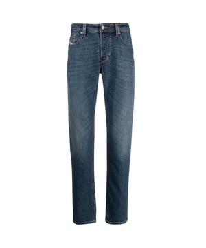 Diesel blauwe denim broek, knoopgulp, 94% katoen, 5% polyester, 1% elastaan, blauw denim, rechte pijpen, diesel merkbadge