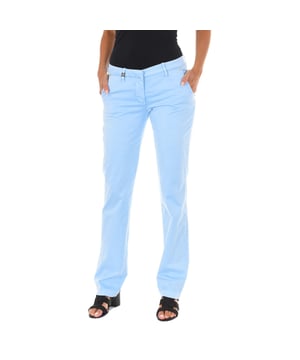 Long pants. 
 Light blue 
 Waist with belt loops. 
 Button and zip closure on the front. 
 Two pockets on the front. 
 Two pockets on the back. 
 Straight cut hems. 
 Chinese style design. 
 Matching seams. 

 Composition: 
 -96% Cotton -4% Elastane. 

 Washing instructions: 
 - Wash maximum at 40ºC. 
 - Iron at medium temperature. max. 110ºC. 
 - Lets you use a dryer. 
 - Do not use bleach. 
 - Does not support dry cleaning. 

 Composition: 96% Cotton, 4% Elastane
 Care:
- Wash maximum at 40ºC.
 - Iron at medium temperature. max. 110ºC.
 - Allows you to use a dryer.
 - Do not use bleach.
 - Does not support dry cleaning.