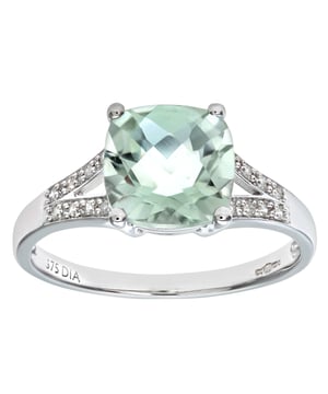 9K (375) witgoud: 1,8 gram; # Diamant: 0,07 ct; # Groene Amethist: 2,1 ct