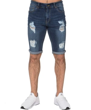 Enzo / Kruze Mens Skinny stretch denim shorts In Blue, 99% Cotton, 1% Elastane, Super stretch skinny fit, 5 bolsillos con 1 bolsillo para monedas, botones y remaches de marca, cierre Zip Fly, lavable a máquina, ideal para ocasiones casuales.