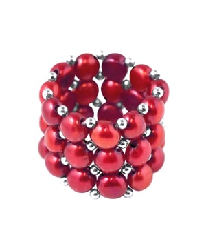 Ring 3 Rows - HAND MADE - of Real Freshwater Pearls - COLOR CHERRY - 4 mm - Size adjustable from 48 to 62 - Delivered with Certificat
