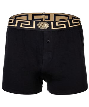 Elegante Herren Web-Boxershorts der Marke VERSACE. Hochwertige Unterhosen mit Greca-Muster und Medusa-Motiv am elastischen Bund. Sehr hohe Qualität.