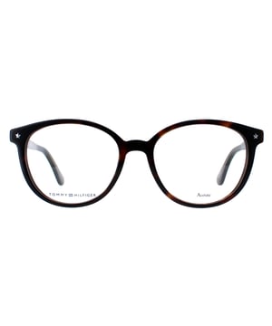 Tommy Hilfiger Round Womens Dark Havana TH1552  Glasses are a lightweight and durable round frame that provides a comfortable and secure fit. The temples are adorned with the iconic Tommy Hilfiger logo, adding a touch of elegance and sophistication to the overall look.