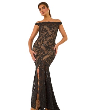 Lace Scallop Edge Front Split Maxi Dress from Roman. Get ready to make a statement in our stunning lace maxi dress. The feminine bardot neckline is adorned with delicate scalloped lace details, adding a touch of elegance to the look. Crafted from a stretch woven fabric, this bodycon dress hugs your shape beautifully and finishes at a flattering maxi length with a mermaid edge and front split for added drama. Pair with heels and a bolero for an unforgettable look!