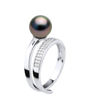 Ringschmuck – Echte TAHITI-Zuchtperle, rund 8–9 mm – Armreif mit Pavé-Zirkonia, Silber 925 rhodiniert – Größenverstellbar von Größe 48 bis Größe 62 – Lieferung in Box und mit Echtheitszertifikat und internationaler Garantie – HERGESTELLT IN FRANKREICH