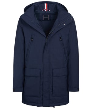 50% lana, 50% poliéster; abrigo Tommy Hilfiger;  Modelo: TT0TT04445427;  capucha;  Cremallera con tapeta de botones;  Dos bolsillos delanteros, dos bolsillos en el pecho;  Detalles del logo de Tommy Hilfiger