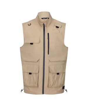100% Polyester. Fabric: Stretch. Design: Plain. Fabric Technology: DWR Finish, Isoflex, Quick Dry. D-Ring, Packaway. Sleeve-Type: Sleeveless. Neckline: Standing Collar. Pockets: 2 Chest Pockets, Zip, 2 Lower Pockets, Patch, Touch Fastening. Fastening: Full Zip. Hem: Drawcord. Sustainability: Made from Recycled Materials. S: 38 in. M: 40 in. L: 42 in. XL: 44 in. XXL: 48 in. 3XL: 51 in.