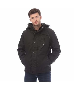 Mens Belstaff Waxed Cotton Router Jacket in black.- Hood drawcord.- Centre front zip and snap placket  with buckle-adjusted collar latch.- Snap fastening cuff adjustor.- Snap fastening tilted left chest pocket.- Snap fastening hip pockets.- Internal pocket.- Modern silhouette.- Black Belstaff phoenix patch on left sleeve.- Monochrome archival plaid lining.- Modern combination of silver nickel and black enamel hardware.- 65% Polyester  35% Cotton.- Ref: 105576BLACK