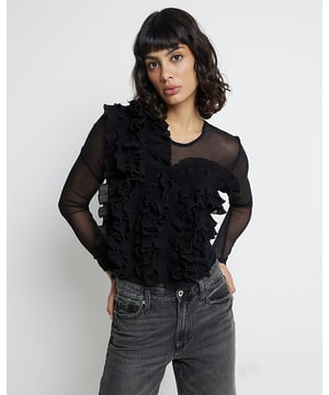 Mesh fabric, ​Frill detail, Crew neckline, Long sleeve