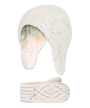 Introducing these cable cosy knitted-like design on hats and mittens for girls! For a much warmer and cosy feel, these Heat Holders matching set of hats and mittens include Heatweaver® insulation which is a plush fur-like thermal lining that maximizes the amount of warm air held close to the skin. Heat Holders use a specially developed thermal yarn provides high performance insulation against cold with superior moisture breathing abilities. Their stretchable construction contours around the natural shape of your body for improved fit, warmth and comfort. These hats feature an adorable pom pom detail on the top of the hat, and the end of the long ear flaps, further providing more warmth and comfort to your child's head. The mittens feature a cosy turn over cuff which enables you to adjust the cuff at the wrists. The cable knit design offers a Winter look which will complete any Winter ensemble! Whether you're looking to keep your daughter warm or look stylish, these cute hat and mittens will do just the job this Winter! Let your child play in snow whilst staying warm in these super soft winter collection. Stock up for the cold season with these lovely Heat Holders warm and mittens for your child. These hat and mittens come in 4 different colours of Frost Grey, Buttercream, Dusty Blue, and Dusky Pink. They are available in ages 3-6 years.