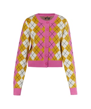 Terugkeer van de diamant! Het Schotse Argyle-patroon is een echte klassieker, populair voor golf, schooluniformen of sokken. Ook het patroon evergreen is erg populair bij myMo ROCKS. Het zachte vest in een contrasterende kleurenmix is ​​gemaakt van een viscosemix, heeft een klassieke snit en is afgewerkt met effen geribde manchetten. Met stevige bikerlaarzen creëer je een casual break in stijl.  Vest
