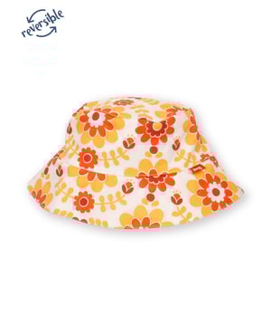 100% organic cotton |  Proud to be certified by Control Union to the Global Organic Textile Standard (GOTS) |  Groovy floral all-over print on one side |  Groovy dot all-over print on reverse |  Warm yellow |  Poplin and double layer muslin fabrics |  Fully reversible |  Protective brim |  Made in India |  Machine washable at 40 degrees, or at 30 degrees to be kinder to the planet