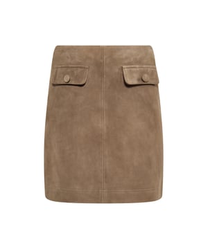 Dieser hoch taillierte, gerade geschnittene Rock endet oberhalb des Knies und strahlt Raffinesse aus. Die glatte Vorderseite und die aufgesetzten Taschen mit Knöpfen verleihen ihm eine elegante Note. Aus weichem Material in Wildlederoptik gefertigt, das eine strukturierte Oberfläche bietet, kombiniert er Struktur und Flexibilität in der Passform. Mit sauberem Saum und verdecktem Verschluss ist dieser Rock perfekt für alle, die einen gepflegten und dennoch vielseitigen Look suchen.  Rock