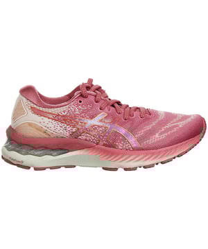 Introducing the Asics Gel-Nimbus Women's Pink Running Trainers, a perfect combination of style and performance designed to cater to the needs of female runners. Whether you're hitting the pavement for a leisurely jog or training for a marathon, these running shoes offer exceptional comfort and support with a touch of feminine flair.

Key Features:

 Gel Cushioning Technology:  The Gel-Nimbus Women's Pink Running Trainers feature Asics' renowned Gel cushioning technology in both the forefoot and rearfoot areas. This advanced cushioning system effectively absorbs shock upon impact, delivering superior comfort and reducing the risk of discomfort and injury during your runs.

 FluidRide Midsole:  These trainers are equipped with a FluidRide midsole that strikes the perfect balance between lightweight responsiveness and long-lasting cushioning. It provides an energetic and smooth ride, enhancing your overall running experience.

 FlyteFoam Propel Technology:  Asics' FlyteFoam Propel technology is integrated into the midsole, offering exceptional responsiveness and a plush underfoot feel. This technology helps improve your stride and propels you forward with each step.