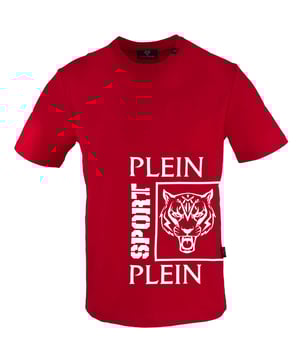 Elevate your style game with the Plein Sport Bold Branded Logo Red T-Shirt. This sleek Red tee features a bold logo, making a statement wherever you go. Comfortable and versatile, it's a must-have addition to your wardrobe. Show off your edgy side with this stylish t-shirt! Slim Fit Plein Sport Branded Logo, Short Sleeve, Crew Neck, Made In Jordan 100% Cotton, Sports wear Style Code: TIPS406 52