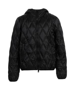 Dieselzwarte jas, centrale ritssluiting, voorzakken, jas met capuchon, normale pasvorm. Materiaal: 100% polyamide, vulling: 100% polyamide, gewatteerd jack